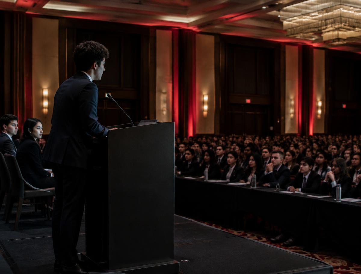 Delegate speaking to a conference audience