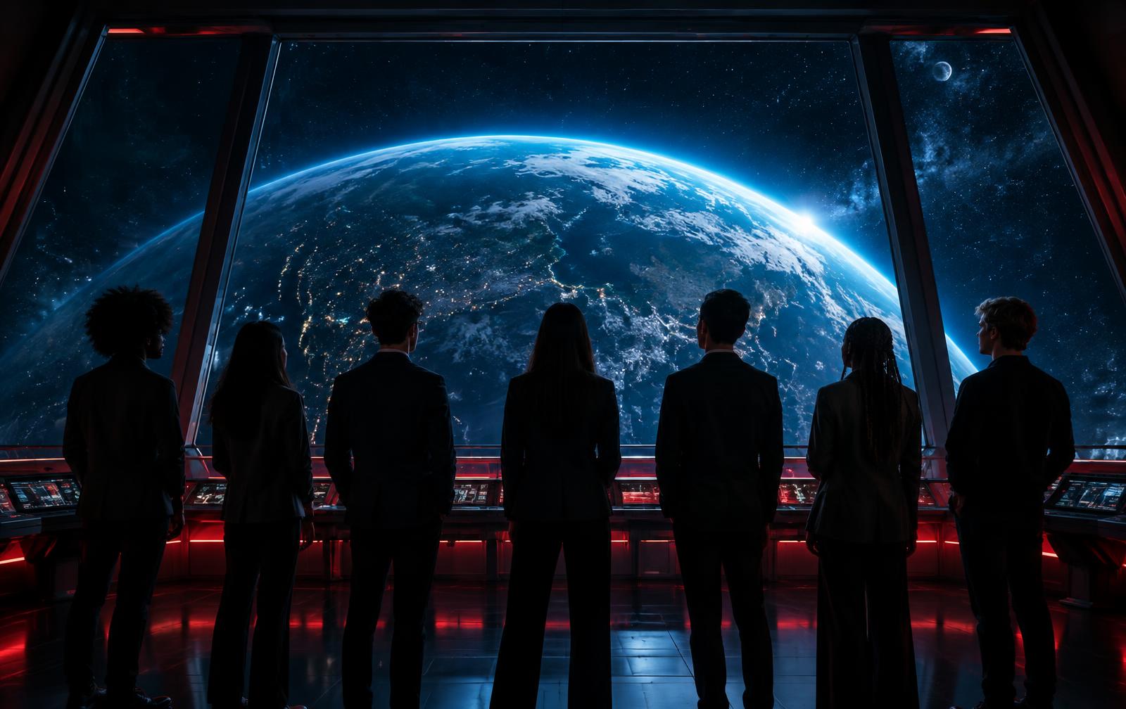 Young delegates in a space-inspired observation deck